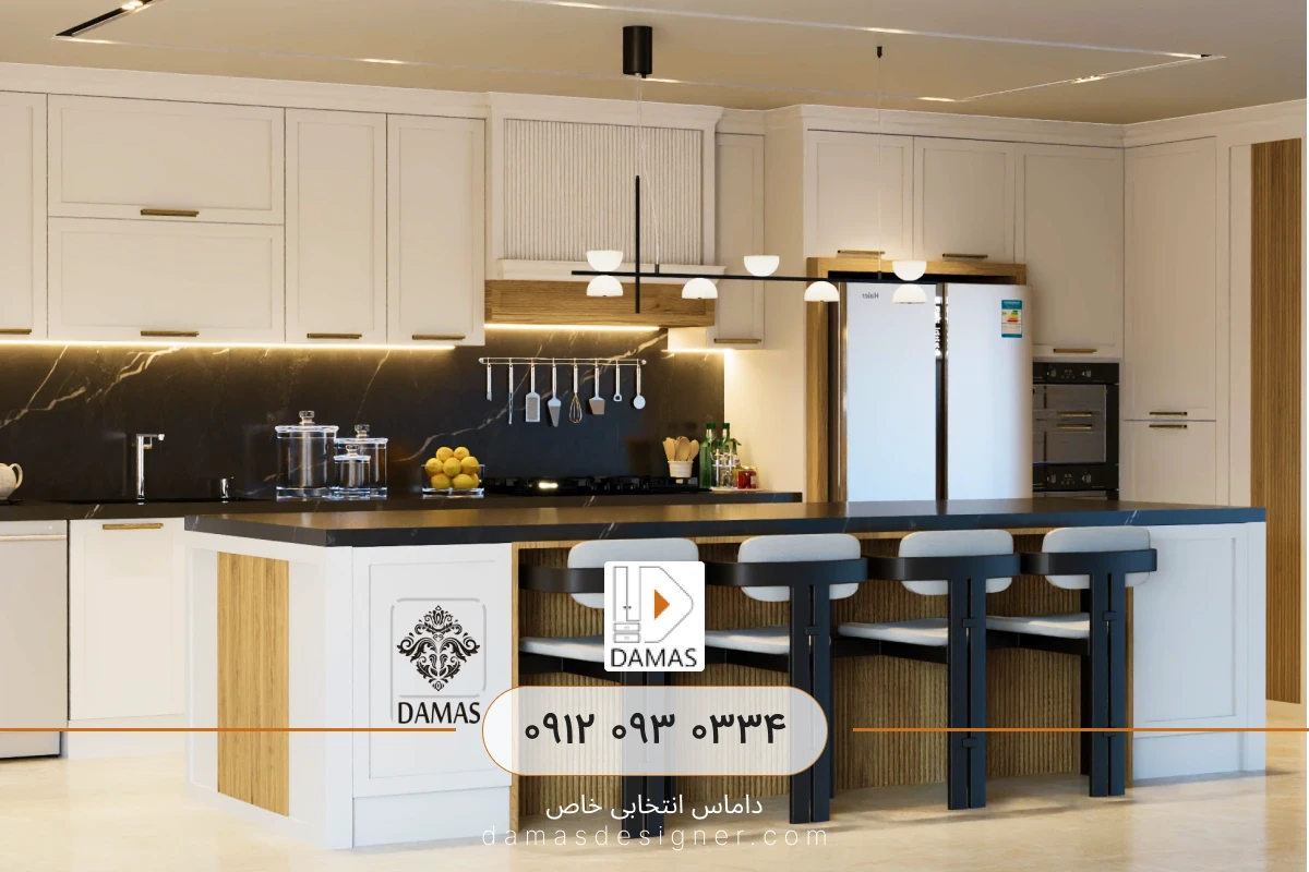 سفارش کابینت نئوکلاسیک سفید و چوب